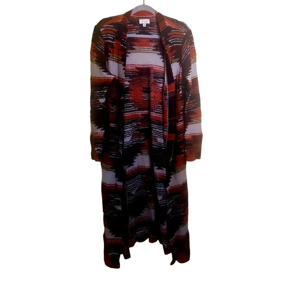 Lucky Brand Aztec 3/4 Sleeve Long Open Front Cardigan Size Medium